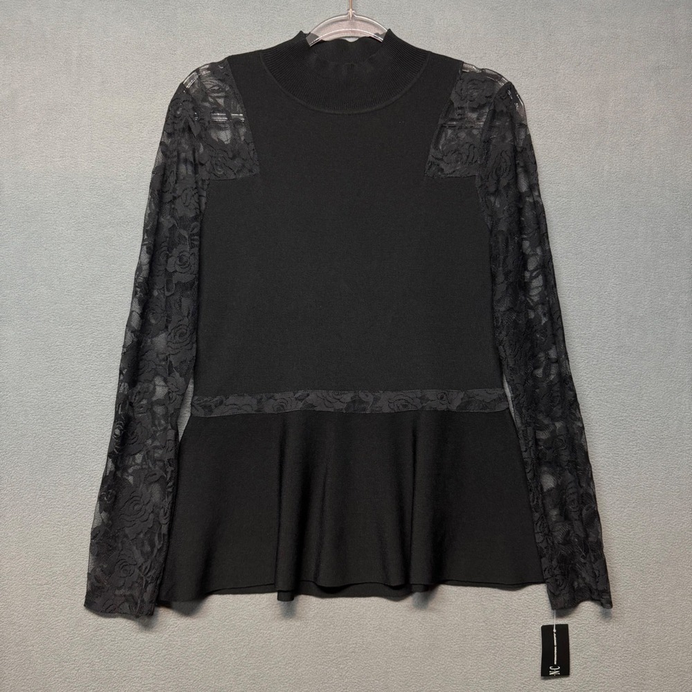 INC International Concepts Lace Peplum‎ Top Mock Neck Long Sleeve L Black Witchy
